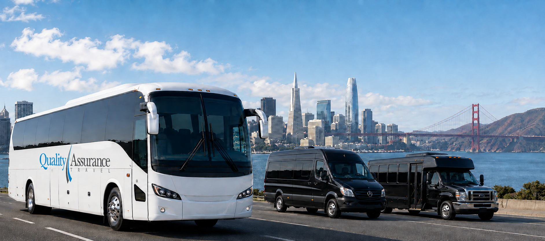 Quality Assurance Travel coach bus with two black shuttle vehicles in San Francisco