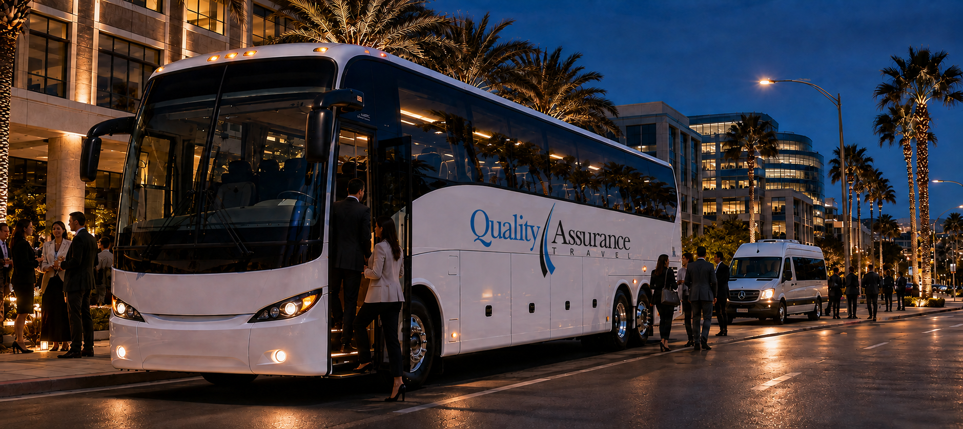 Quality Assurance Travel coach bus at an evening corporate event
