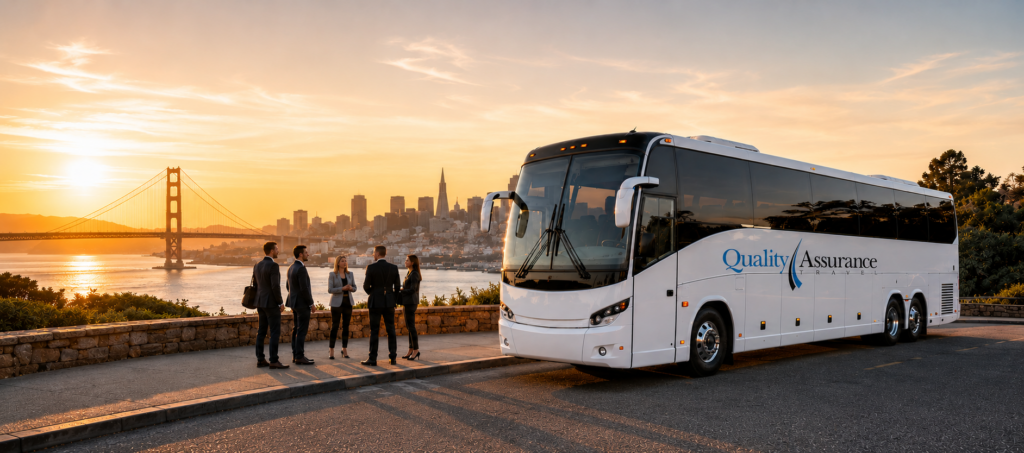 White coach bus boarding passengers near the San Francisco skyline