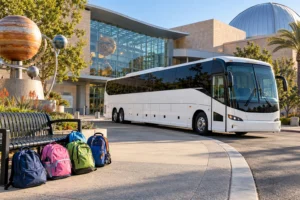 AI-generated illustration of a charter coach and school backpacks outside a science museum.