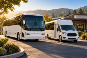 AI-generated illustration: White coach and smaller shuttle at a landscaped depot.