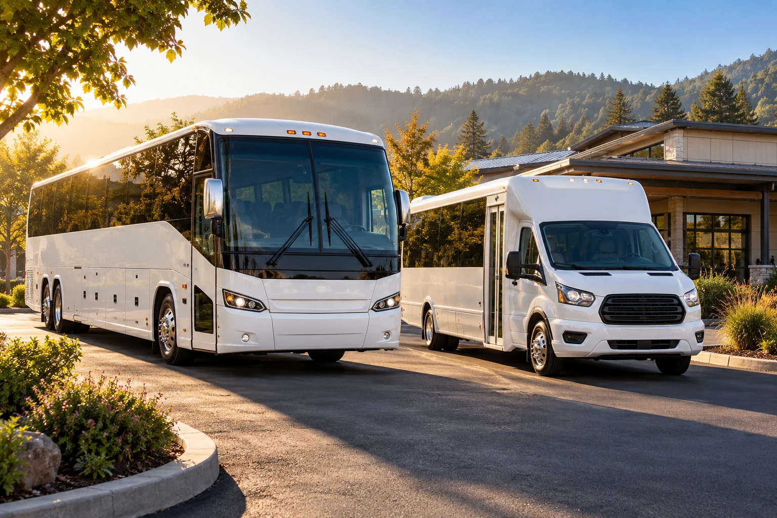 AI-generated illustration: White coach and smaller shuttle at a landscaped depot.