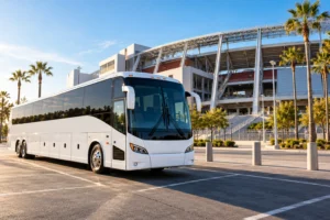 AI-generated illustration: White charter coach beside a generic football stadium.