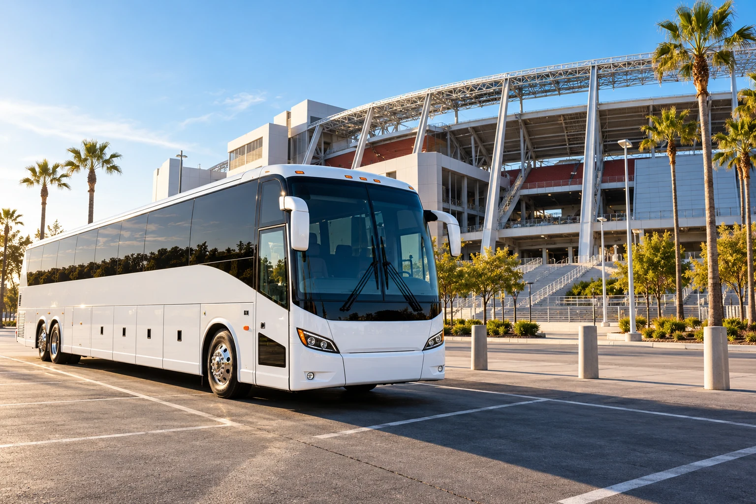AI-generated illustration: White charter coach beside a generic football stadium.