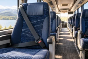 AI-generated illustration: Buckled three-point seat belt inside a coach.