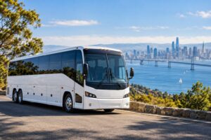 AI-generated illustration: White charter coach overlooking a bay and city skyline.