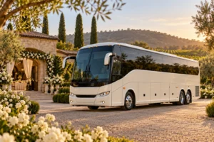 AI-generated illustration of a white coach outside a garden wedding venue.