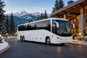 AI-generated illustration of a white coach outside a winter mountain retreat lodge.