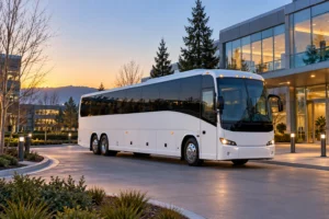 AI-generated illustration: White coach at an office campus at winter dawn.