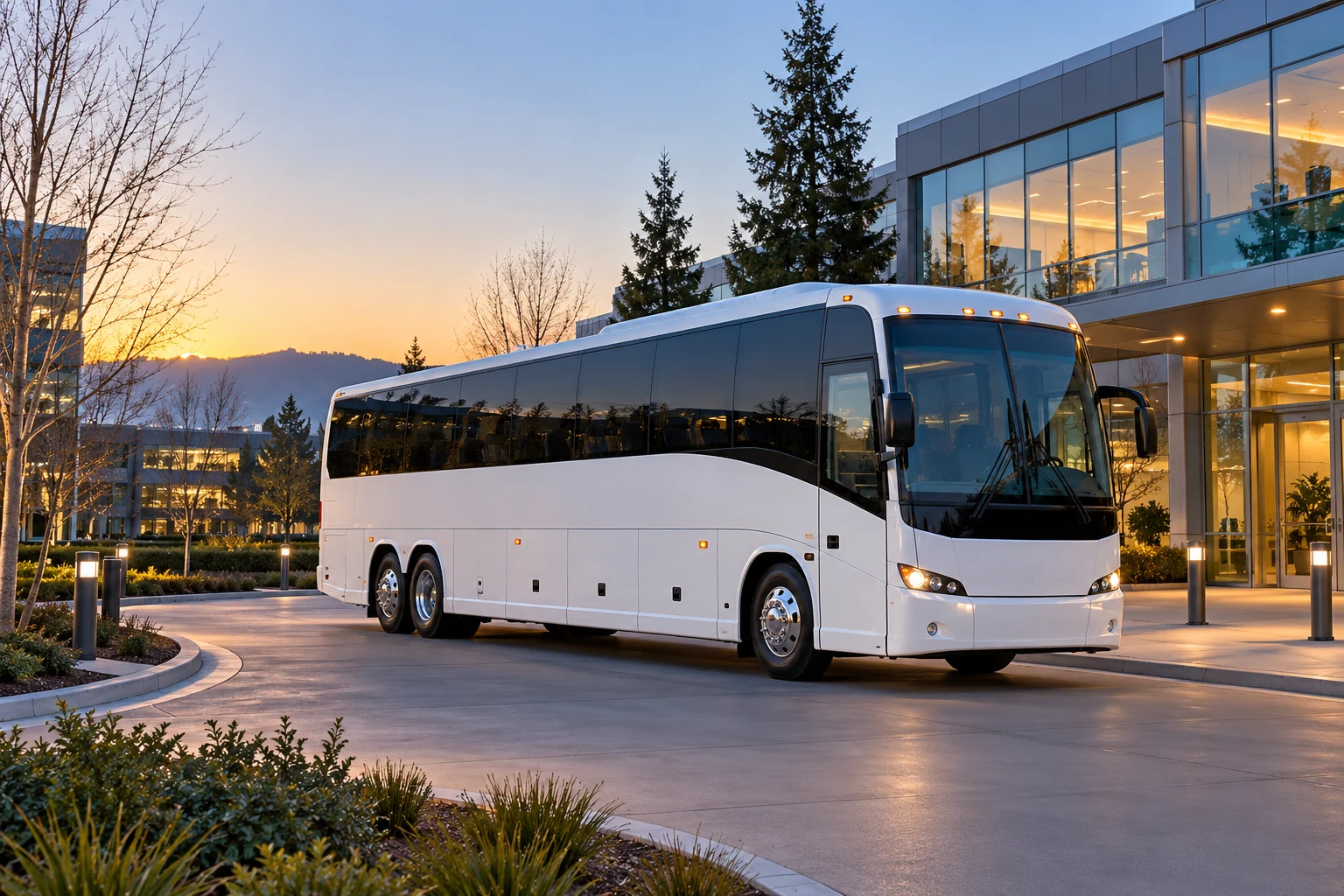 AI-generated illustration: White coach at an office campus at winter dawn.